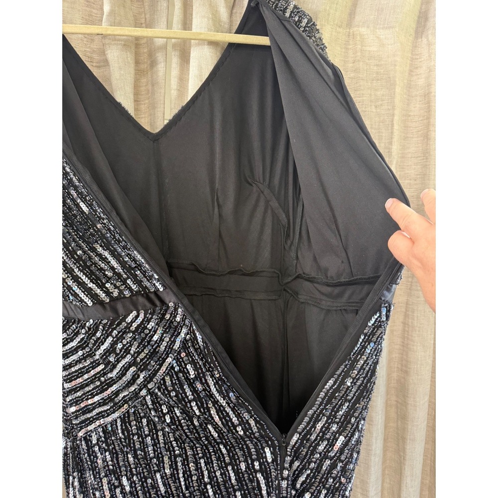 Adrianna Papell Black Silver Sequin Beaded Gown V-Neck Formal Maxi Dress 12 - Picture 5 of 7